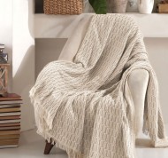 Plaid beige con frange in misto cotone