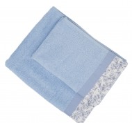 Set 2 asciugamani spugna Primula in cotone idrofilo azzurro con bordo decorativo