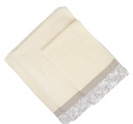 Set 3 asciugamani spugna Primula in cotone idrofilo panna con bordo decorativo