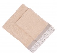 Set 2 asciugamani spugna Pallini in cotone idrofilo nocciola con bordo decorativo