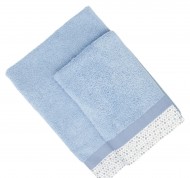 Set 2 asciugamani spugna Pallini in cotone idrofilo azzurro con bordo decorativo