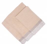 Set 3 asciugamani spugna Pallini in cotone idrofilo nocciola con bordo decorativo