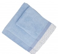 Set 3 asciugamani spugna Pallini in cotone idrofilo azzurro con bordo decorativo