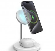 Stazione di ricarica wireless Qi2 2x1 per iPhone 16/15/14/13/12, smartphone Android e auricolari wireless.