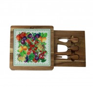 Tagliere Le Primizie in acacia e vetro colorato con 3 coltelli in acciaio inox