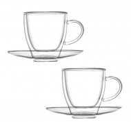 Set 2 tazzine caffe' in vetro con doppia parete con piattino