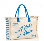 Borsa mare blu con frange in puro cotone