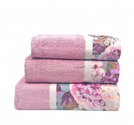 Set 3 asciugamani spugna Ricamo in cotone idrofilo con bordo decorativo.