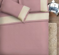 Completo letto matrimoniale con bordo in raso di cotone malva e bianco
